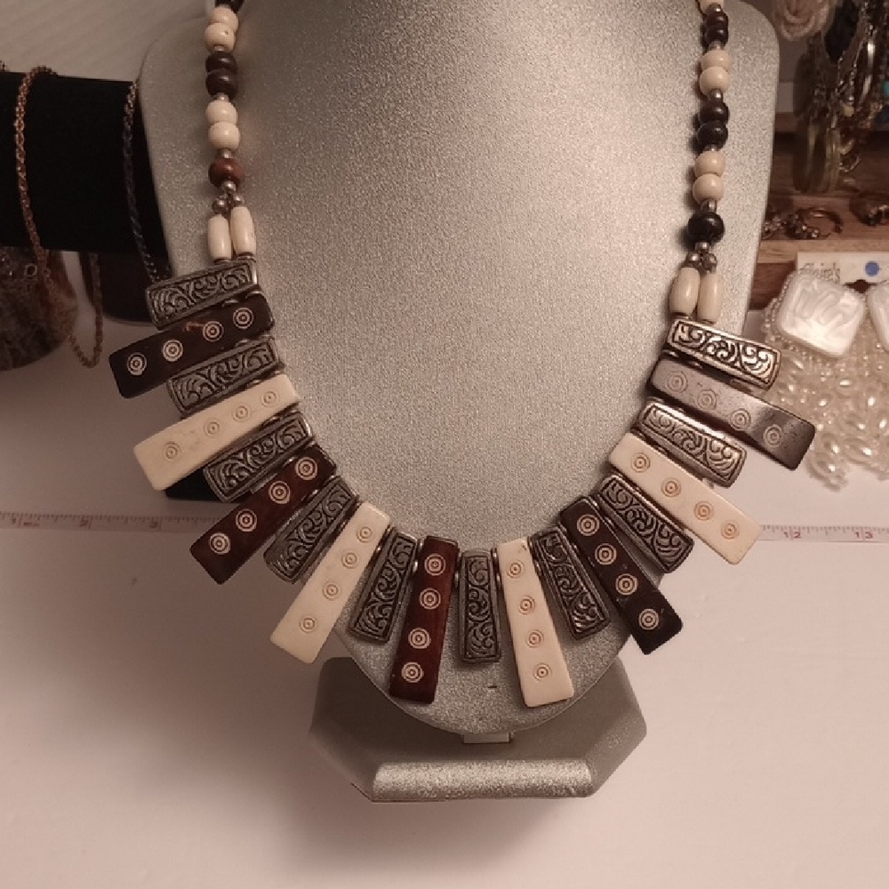 Glass Wood Color Plastic, Silver Color Aluminum And Cream Stone Necklace Women